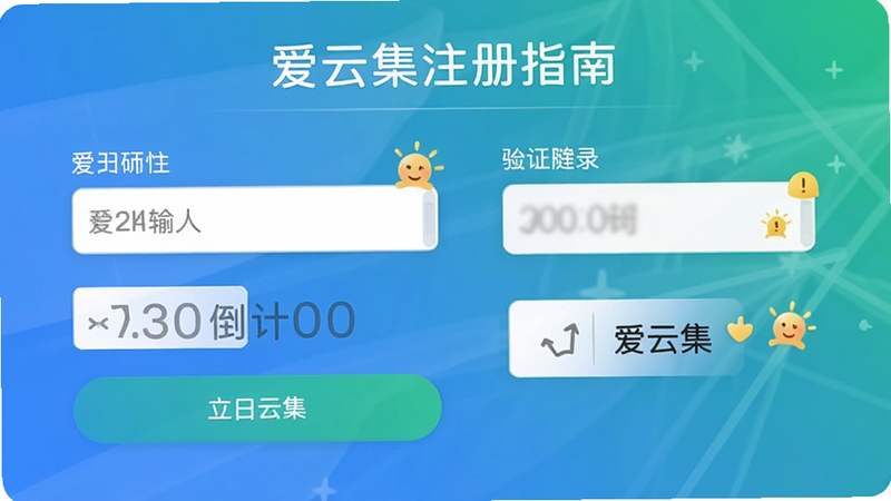 爱云集APP注册登录流程演示图,布局展示输入框和按钮,风格友好简洁,细节包含验证码倒计时和提示图标,画质高清,干净,无多余元素,文字“爱云集注册指南”