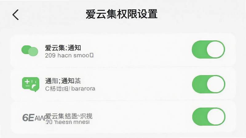 爱云集APP设置权限界面截图,布局展示位置、通知等开关选项,风格简洁直观,细节包含开关状态和说明文字,画质清晰,干净,无多余元素,文字“爱云集权限设置”