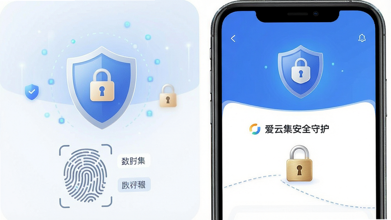 爱云集APP安全中心界面预览,布局展示盾牌图标和数据加密标识,风格稳重可信,细节包含指纹识别和锁形图案,画质高清,干净,无多余元素,文字“爱云集安全守护”