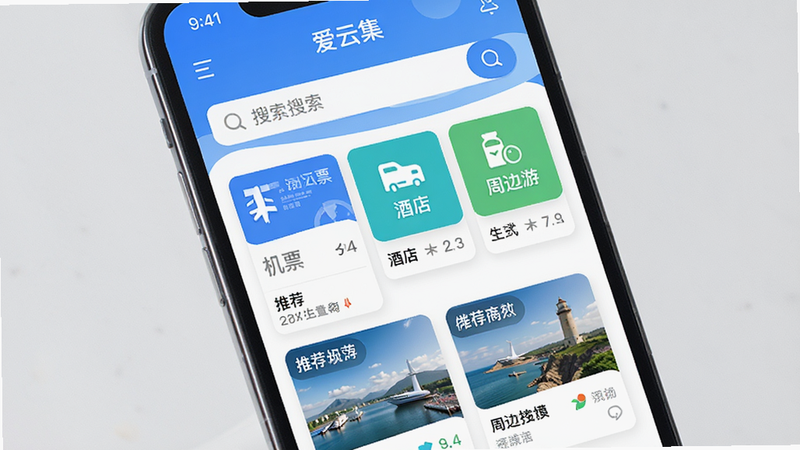 主体为手机屏幕显示爱云集APP首页,布局清晰展示机票、酒店、周边游等核心入口,排版采用扁平化设计,风格清新现代,细节包含搜索框和推荐卡片,画质高清,干净,无多余元素,文字“爱云集”清晰可见