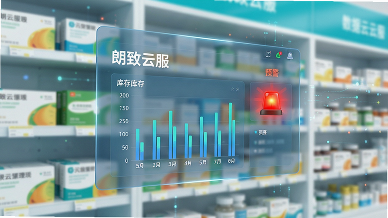 一张展示数据可视化的概念图,主体是一个悬浮在空中的半透明数据看板,看板上清晰地显示着“朗致云服”字样以及库存柱状图和预警红色闪烁灯。背景是模糊的药房货架,货架上整齐摆放着各种药盒。画面风格为科技感与现实结合,色调明亮,强调数据对实物管理的指导作用,无杂乱元素,高清细节。
