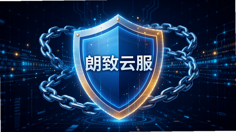 一张象征安全与保护的科技概念图,中心是一个发光的盾牌,盾牌上写着“朗致云服”字样,周围环绕着锁链和数据流,背景为深蓝色科技感网格。画面传达出坚固、可靠、防黑客攻击的视觉感受,构图对称,色彩对比强烈,无多余文字,高清画质。