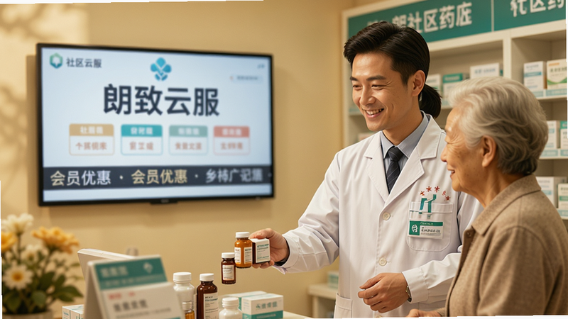 一张温馨的社区药房场景图,一位穿着白大褂的店员微笑着向一位老年顾客递送药品,背景中隐约可见“朗致云服”的电子显示屏,屏幕上滚动着会员优惠信息。画面色调温暖,充满人文关怀,强调服务与技术的结合,构图平衡,无多余杂物,高清摄影风格。
