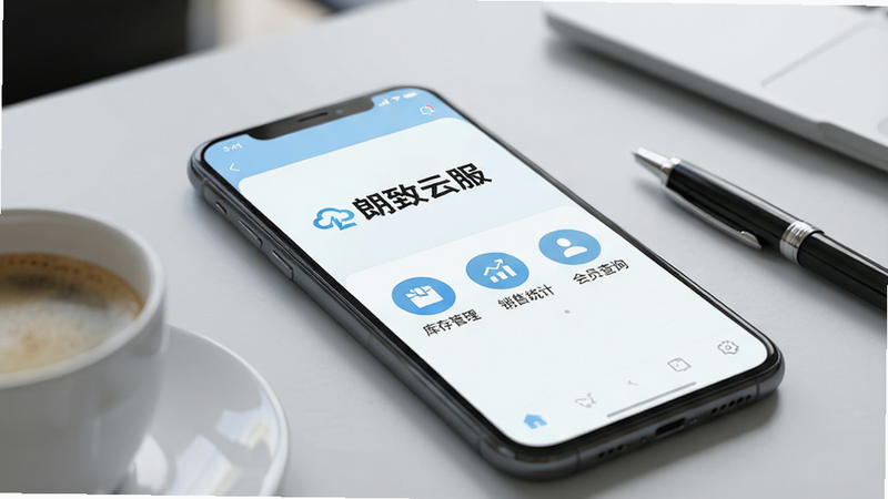 一张高清的智能手机屏幕特写,屏幕中显示着“朗致云服”APP的主界面,界面设计简洁现代,以白色和淡蓝色为主色调。屏幕中央清晰可见“朗致云服”四个字的Logo,下方排列着“库存管理”、“销售统计”、“会员查询”等圆形功能图标。手机放置在浅灰色的办公桌面上,旁边有一杯咖啡和一支笔,背景虚化,光线柔和,呈现出专业、干净、无多余元素的商务办公风格,4k画质,细节清晰。
