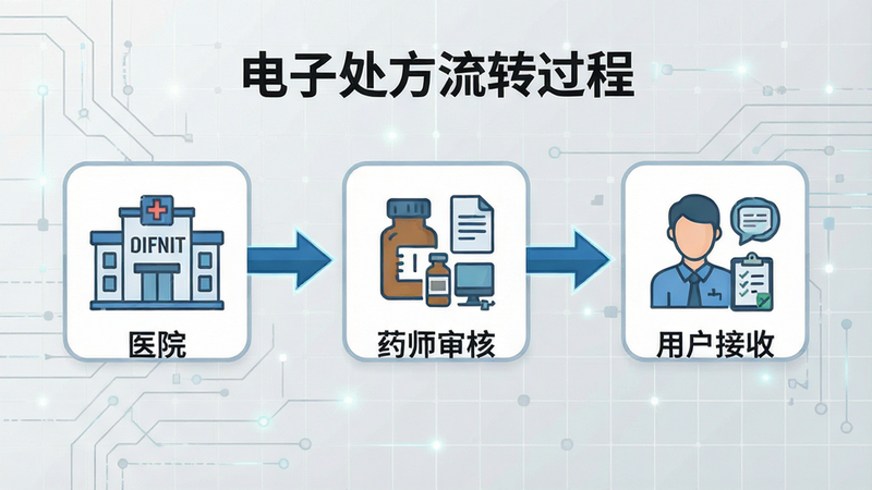 展示电子处方流转过程的流程图,主体为从医院到药师审核再到用户接收的三个步骤图标,箭头连接,背景为浅灰色科技网格,布局线性,排版逻辑清晰,风格矢量插画,细节简约,高清画质,无杂乱元素