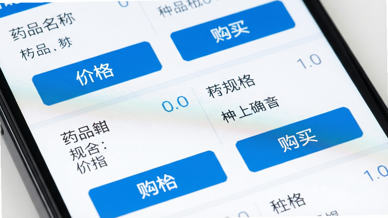手机屏幕特写,显示药品列表界面,包含药品名称、规格、价格和购买按钮,界面设计简洁明了,色彩以白色和蓝色为主,布局网格化,排版紧凑,风格扁平化设计,细节清晰,4k分辨率,无水印