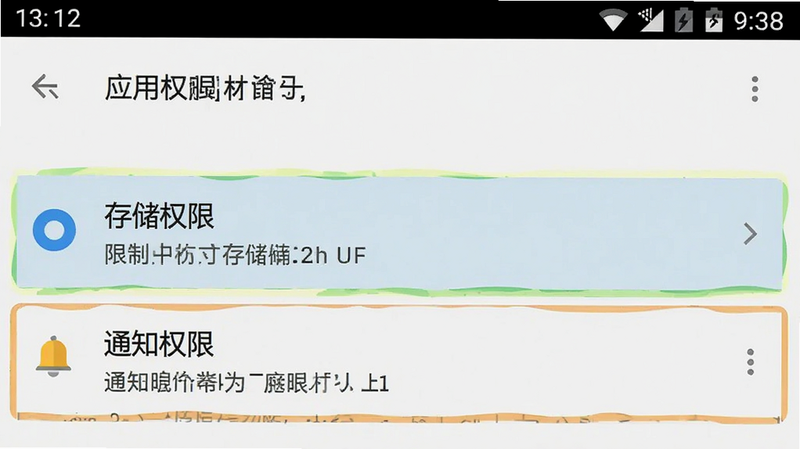 手机设置界面截图,显示应用权限管理页面,高亮显示“存储权限”和“通知权限”被限制的状态,背景为安卓系统默认风格,清晰标注关键设置项,无水印,高清