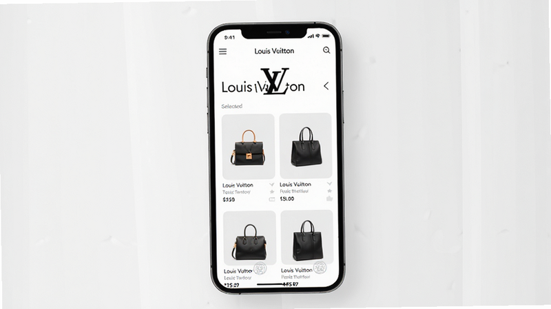 一张高清移动端应用界面展示图,主体为手机屏幕,显示 Louis Vuitton APP 首页,背景为极简灰白色调,突出品牌 Logo 与精选商品卡片,布局简洁大气,风格现代奢华,细节清晰,画质 4K,干净,无多余元素,文字包含
