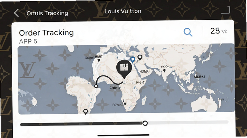 Louis Vuitton APP 订单追踪界面截图,显示物流地图与包裹位置图标,进度条清晰可见,界面设计简洁现代,使用品牌标志性花纹作为背景装饰,色调典雅,风格专业可靠,细节无瑕疵,画质高清,干净,无多余元素,文字包含