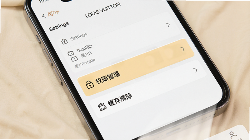 一部智能手机展示 Louis Vuitton APP 设置界面,重点高亮显示