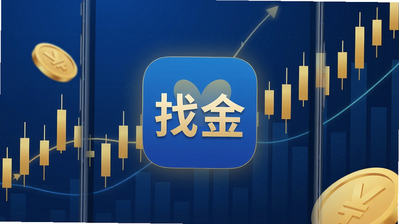 展示手机屏幕界面,中央突出“找金”APP图标,背景为抽象的黄金K线走势图与金币元素,布局居中,排版简洁,风格现代科技蓝金配色,细节清晰显示实时价格数字,画质高清,干净,无多余元素