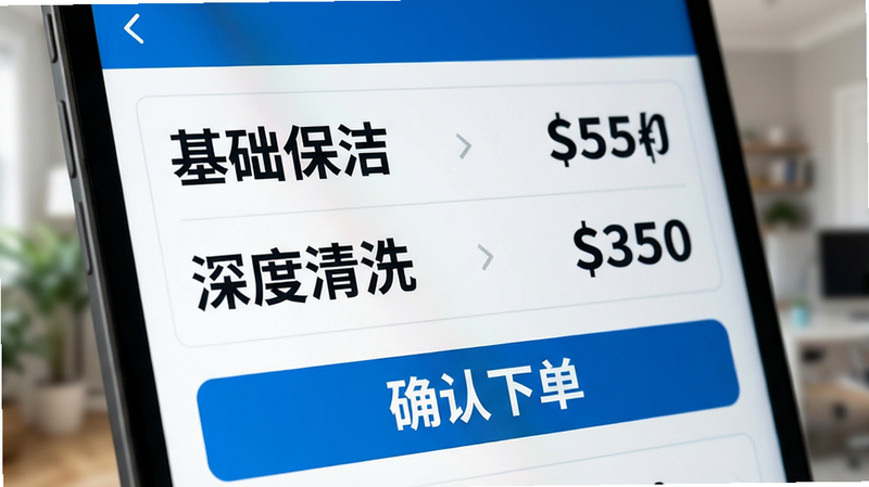 惠邻达家政价格计算器界面特写,屏幕上显示“基础保洁”、“深度清洗”等选项,右侧对应清晰的价格数字,下方有“确认下单”按钮,背景模糊处理突出界面,风格商务严谨,字体大号加粗,色彩搭配蓝白相间,体现专业与信任感,无杂色干扰,高清细节
