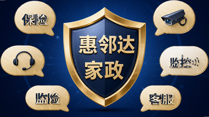 惠邻达家政安全盾牌图标,周围环绕着“保险”、“客服”、“监控”等关键词气泡,背景为深蓝色渐变,象征安全与稳定,画面中央是一个金色的盾牌,上面写着“惠邻达家政”,整体构图中心对称,视觉冲击力强,无其他干扰元素,高清渲染