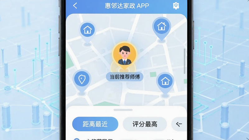 惠邻达家政APP界面预览图,展示地图定位功能,地图上显示多个家政人员位置图标,中心高亮显示当前推荐师傅,界面下方有“距离最近”、“评分最高”等筛选标签,背景为淡蓝色科技感网格,UI设计扁平化,文字清晰可见,无水印,高清画质
