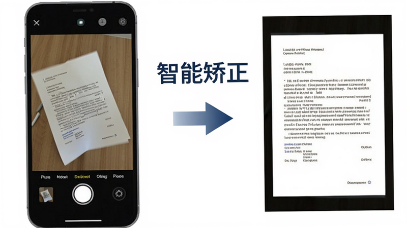 影录扫描智能边缘识别功能演示图,左侧为手机拍摄歪斜纸张的画面,右侧为矫正后平整的文档效果图,中间用箭头连接,背景为白色,突出“智能矫正”字样,风格扁平化,细节清晰,画质高,无杂乱背景