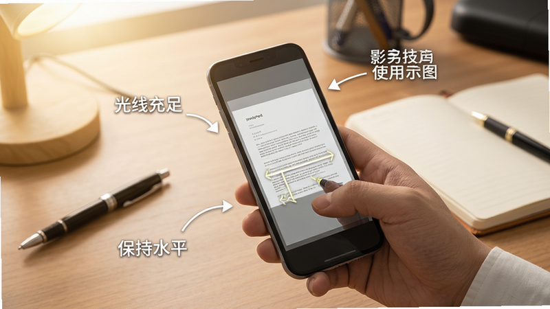 影录扫描安卓版使用技巧示意图,展示手机扫描文档的手持姿势,背景为办公桌面,桌上有笔和笔记本,画面温馨实用,文字标注“光线充足”“保持水平”,风格写实,细节丰富,画质清晰