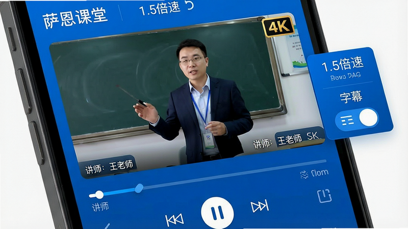 主体为手机屏幕特写,显示萨恩课堂APP内的视频播放页面,布局上方为视频窗口,正在播放讲师授课画面,下方是进度条和控制按钮,右侧悬浮着“1.5倍速”和“字幕”开关,排版简洁直观,风格为科技蓝配色,细节处显示视频清晰度高,画质4K,干净无多余元素,文字内容包含