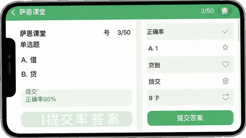 主体为萨恩课堂APP的答题界面,布局左侧为题干区域,右侧为选项列表,底部显示“提交答案”按钮,排版紧凑合理,风格为清新绿色调,细节处显示题号“3/50”和正确率提示,画质高清,干净无多余元素,文字内容包含