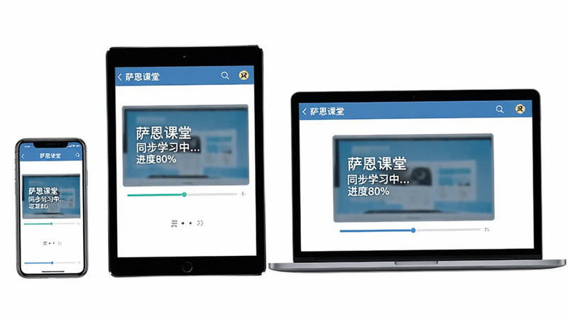 主体为三部不同尺寸的设备(手机、平板、笔记本)并排摆放,屏幕均显示萨恩课堂APP的同一课程页面,布局强调一致性,风格为简约商务风,细节处显示进度条位置完全一致,画质锐利,干净无多余元素,文字内容包含