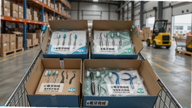 主体为购物车结算界面,显示多种牙科器械混合打包箱,背景为仓库发货场景,布局紧凑有序,风格写实,细节生动,画质高,干净,文字