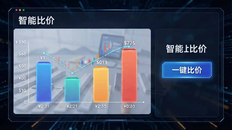 主体为价格对比图表界面,柱状图显示不同品牌价格差异,旁边有“一键比价”按钮,布局逻辑清晰,风格科技感,细节锐利,画质高清,干净无杂乱元素,文字