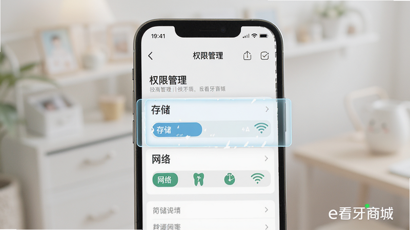 主体为手机设置界面,显示“权限管理”页面,重点高亮“存储”和“网络”权限,背景柔和,排版清晰,风格简洁,细节准确,画质清晰,干净,文字