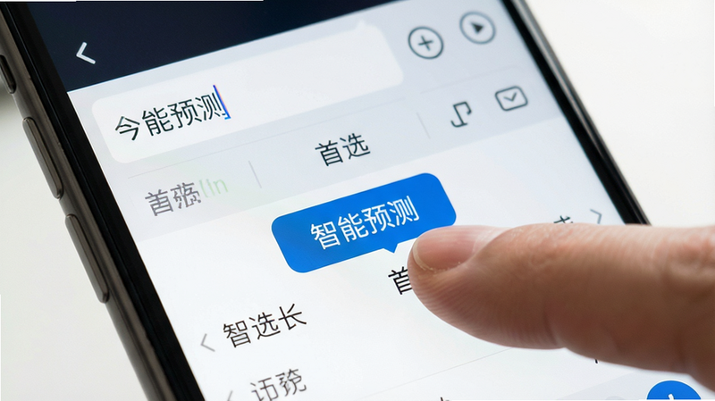 主体为手机界面截图,展示输入框与候选词区域,布局清晰,高亮显示首选词,风格简洁商务,细节展示手指触控瞬间,画质清晰,干净,无多余元素,文字标注