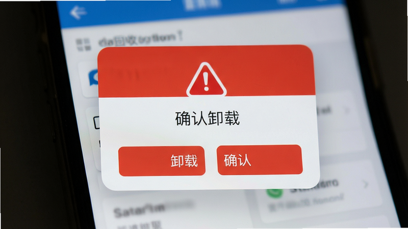 主体为手机回收站或卸载确认弹窗界面,布局简洁,红色警示色突出,风格系统UI,细节展示警告图标与按钮,画质清晰,干净,无多余元素,文字标注