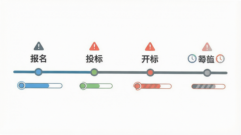 主体为一条时间轴,节点上标有“报名”、“投标”、“开标”等字样,背景为白色极简风,布局线性延伸,排版逻辑清晰,风格扁平化,细节包含节点处的进度条填充效果和警示图标,画质清晰,干净,无多余元素