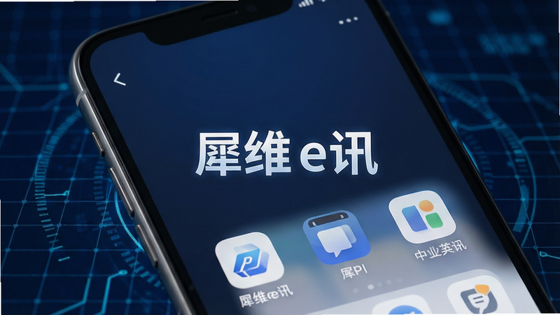 主体为手机屏幕特写,屏幕显示“犀维e讯”APP界面,背景为深蓝色科技网格,布局居中,排版清晰,风格简约商务,细节包含高清UI图标和柔和光影,画质8K,干净,无多余元素