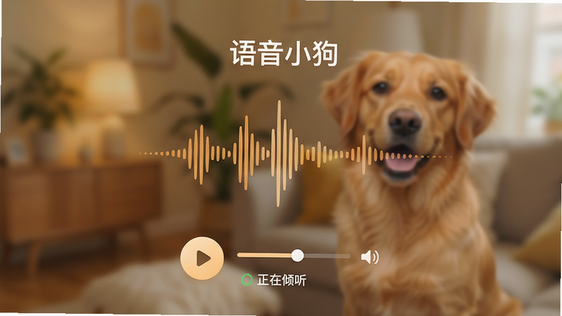 展示“做你的小狗”语音互动功能的界面预览,画面中央是一个正在播放语音的波形动画,背景模糊处理以突出前景,配色采用温暖的橙黄色调,界面元素包括播放按钮、音量滑块和“正在倾听”的状态提示,风格简约现代,细节精致,画质高清,干净无杂乱,文字标注“语音互动”