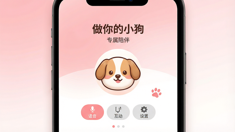 一张高质量的应用宣传图,主体是“做你的小狗”APP的UI界面截图,背景为柔和的粉色与白色渐变,界面中央展示一只可爱的卡通小狗头像,旁边有简洁的功能按钮如“语音”、“互动”、“设置”,排版整洁现代,风格温馨治愈,细节丰富,画质清晰,干净无多余元素,包含文字“做你的小狗”和“专属陪伴”