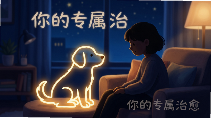 “做你的小狗”应用的情感陪伴主题插画,画面中一个人影坐在沙发上,旁边是一只发光的小狗轮廓,象征温暖与陪伴,背景为深蓝色的夜晚室内场景,灯光柔和,氛围宁静祥和,风格写实与卡通结合,细节丰富,画质细腻,干净无多余装饰,文字标语“你的专属治愈”