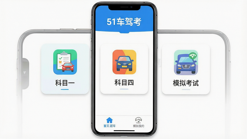 51车驾考安卓应用主界面全景展示,主体为手机屏幕截图,布局清晰,顶部显示软件名称“51车驾考”,中间区域分为“科目一”、“科目四”、“模拟考试”三个主要功能入口,图标设计扁平化且色彩鲜明,底部导航栏包含“首页”、“题库”、“模拟”、“我的”四个标签,整体风格简约现代,蓝色为主色调,背景纯白,细节处有细微阴影增强立体感,画质高清,干净无多余元素,无水印