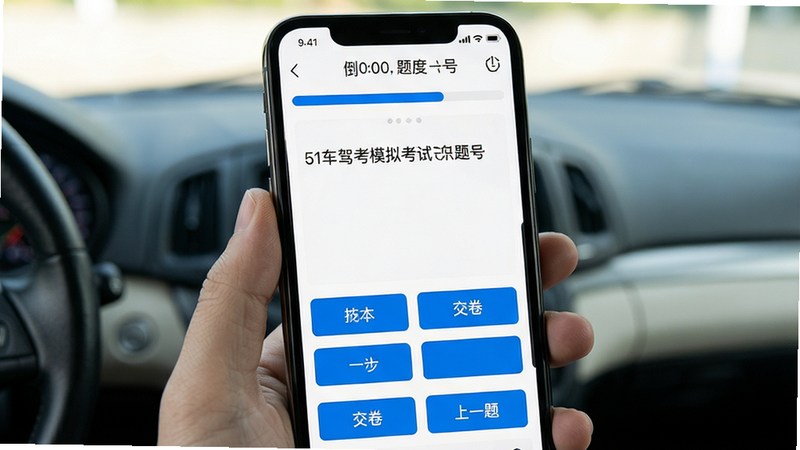 51车驾考模拟考试界面展示,主体为手机屏幕,顶部显示倒计时和题号进度条,中间为题目区域,下方为选项按钮,布局紧凑合理,蓝色按钮醒目,背景白色,风格严肃专注,细节处有“交卷”和“上一题”按钮,画质高清,无干扰元素,干净利落