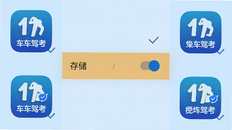 手机设置权限界面特写,主体为安卓系统设置页面,高亮显示“存储”权限开关,周围环绕着51车驾考的应用图标,布局清晰,背景浅蓝,风格简洁明了,细节处有勾选标记,画质高清,无多余元素,干净直观