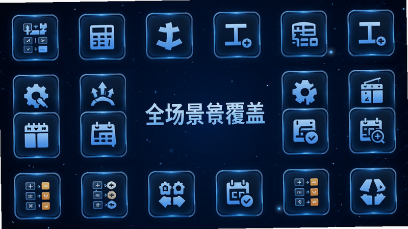 主体为普适多场景计算器的功能模块展示图,布局采用网格状排列,包含科学、商业、工程等图标,排版对称平衡,风格为科技感蓝色调,细节包括发光的图标边框和细腻的光影效果,画质超清,干净无多余元素,背景为深空蓝色,文字显示