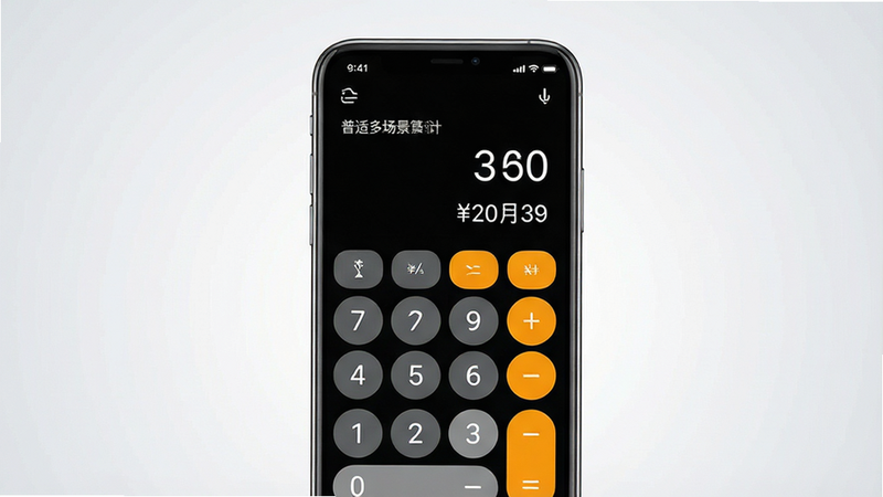 主体为一部竖立的现代智能手机,屏幕显示普适多场景计算器应用界面,布局分为上部结果区和下部功能按键区,排版整洁有序,风格为扁平化极简主义,细节包括清晰的数字字体和高对比度按钮,画质高清8k,干净无多余元素,背景为柔和的浅灰色渐变,文字显示