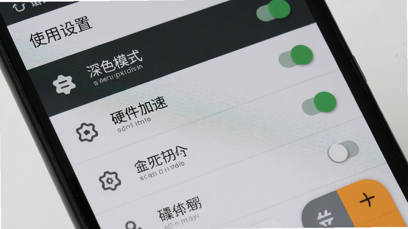 主体为一部安卓手机屏幕,显示普适多场景计算器的设置界面,布局为列表式选项,包含深色模式、硬件加速等开关,排版垂直排列,风格为简洁的灰色调,细节包括清晰的图标和开关状态指示,画质高清,干净无多余元素,背景为浅灰色,文字显示