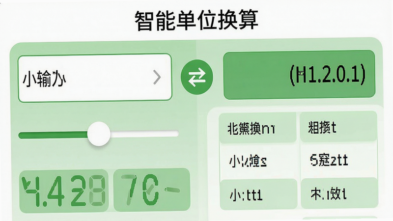 主体为普适多场景计算器单位换算界面特写,布局左侧为输入框右侧为结果框,中间有双向箭头图标,排版紧凑清晰,风格为清新的绿色调,细节包括滑块调节条和清晰的单位列表,画质高清,干净无多余元素,背景为纯白色,文字显示