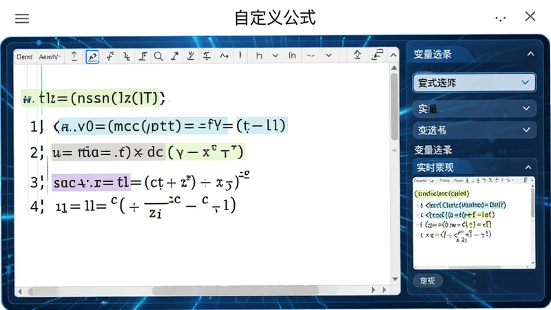 主体为普适多场景计算器的公式编辑界面,布局为文本编辑框和变量选择区,排版灵活自由,风格为专业的蓝色科技风,细节包括语法高亮显示和实时预览效果,画质超清,干净无多余元素,背景为白色,文字显示