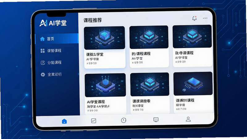主体:AI学堂APP的高保真UI界面展示,布局:左侧为功能导航栏,右侧为课程推荐卡片流,排版:卡片式布局,清晰展示课程封面与标题,风格:现代极简主义,科技蓝为主色调,细节:屏幕上方显示“AI学堂”Logo,底部导航栏图标清晰,画质:4K高清,干净,无多余元素