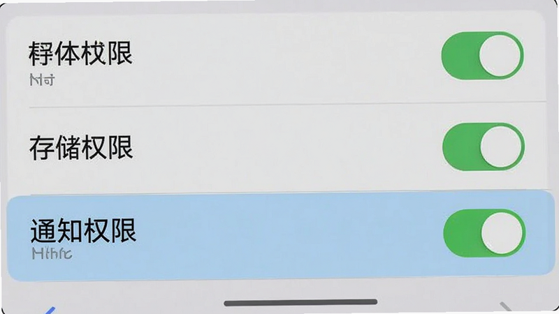主体:手机设置界面截图,布局:列表式显示各项权限设置,排版:开关状态清晰,风格:系统原生UI风格,细节:高亮显示“存储权限”与“通知权限”开启状态,画质:清晰,文字可读,无模糊