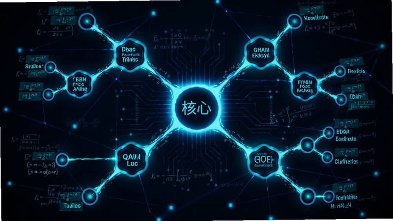 主体:抽象的知识网络连接图,布局:中心节点代表核心概念,周围辐射出二级、三级知识节点,排版:网状结构,节点之间由发光线条连接,风格:赛博朋克科技风,蓝色与青色光效,细节:节点上隐约可见数学公式与文字标签,画质:高清,发光效果明显,无背景干扰