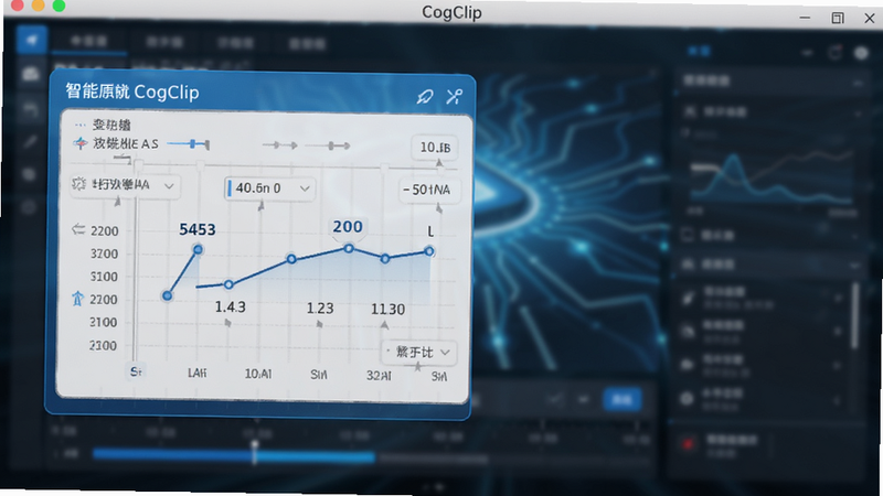 CogClip 软件界面截图,展示智能变速功能模块,时间轴上有明显的速度标记点,背景模糊处理以突出前景 UI 元素,色调为科技蓝与白色搭配,细节丰富,高清质感,无水印,布局整齐