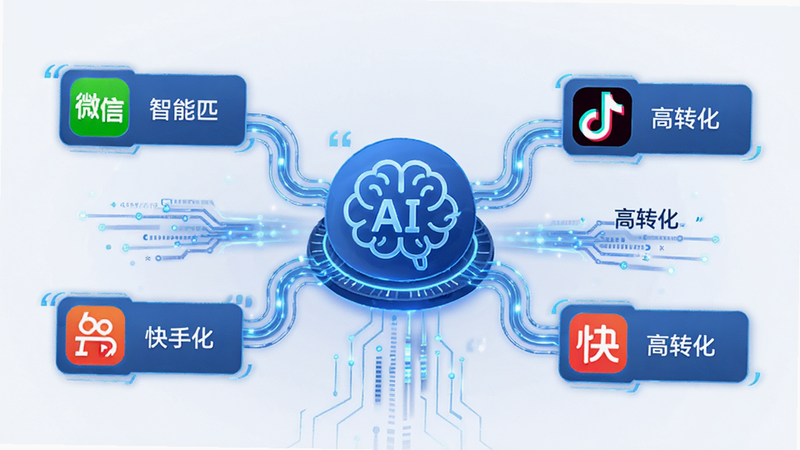 主体为任推邦智能任务匹配界面,布局中心为一个AI大脑图标连接多个任务节点,节点上显示不同推广渠道图标(微信、抖音、快手)。风格为科技感线条图,蓝色主调,细节处有数据流动的光效,画质清晰,干净,无多余元素,文字加引号“智能匹配”“高转化”