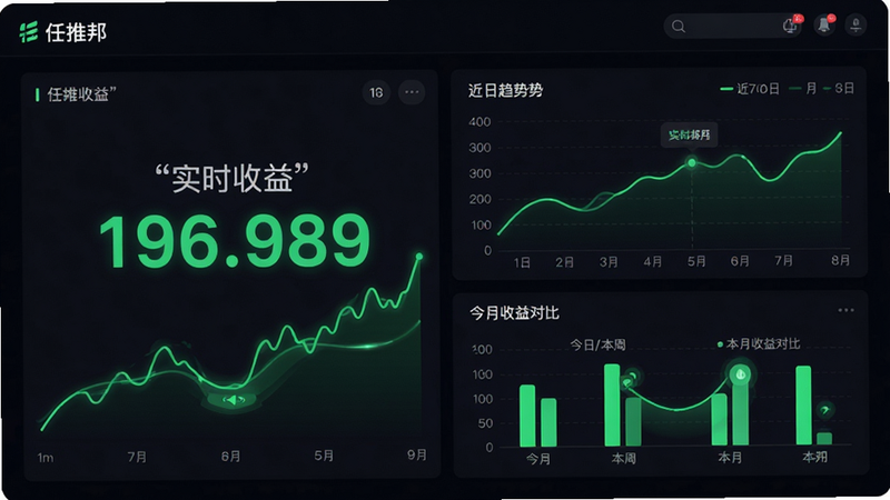 主体为任推邦收益统计仪表盘,布局左侧为实时收益数字大屏,右侧为近7日趋势折线图,底部为今日/本周/本月收益对比柱状图。风格为商务极简风,深色背景搭配霓虹绿数据线条,细节处有微交互动画效果,画质高保真,干净,无多余元素,文字加引号“实时收益”“任推邦”