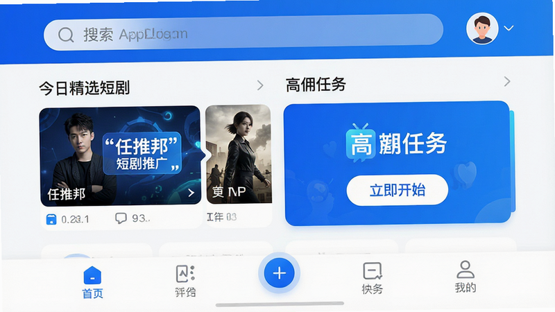 主体为任推邦安卓APP首页界面预览,布局清晰,顶部显示搜索栏和用户头像,中部为“今日精选短剧”和“高佣任务”两大核心模块,底部为导航栏。风格为现代简约UI设计,色彩以科技蓝和白色为主,细节处体现流畅的交互感,画质高清,干净,无多余元素,文字加引号“任推邦”“短剧推广”“立即开始”
