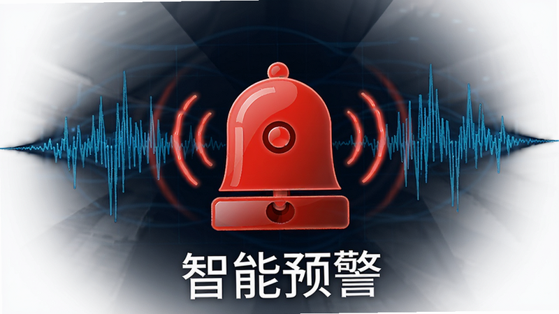 主体为一个红色的警报铃铛图标,周围环绕着数据波形,布局中心对称,排版紧凑,风格警示与科技结合,细节包含脉冲波纹效果,画质高清,干净,无多余元素,文字“智能预警”
