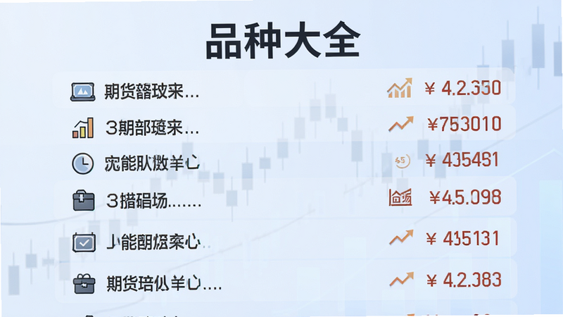 主体为多个期货品种名称列表,背景为淡蓝色渐变,布局列表式,排版整齐,风格商务,细节包含商品图标与价格数字,画质高清,干净,无多余元素,文字“品种大全”